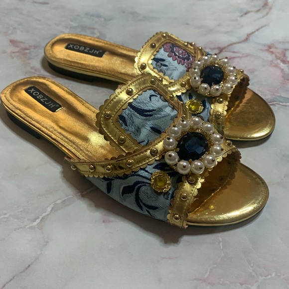 XOBZJH Evening Slides Rhinestone Sandal gold party shoes embroidery shoes 9.5 - Picture 8 of 13